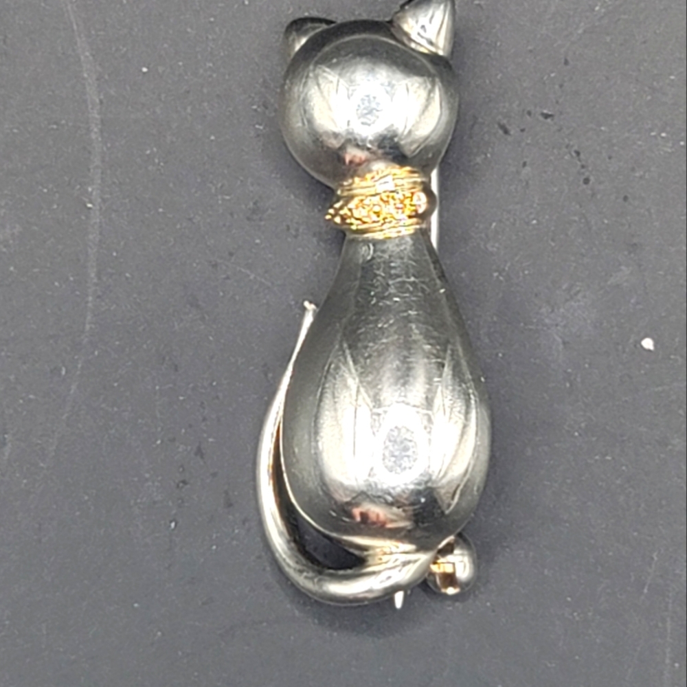Vintage 14k 925 Cat Brooch Pin marked  Kitty Cat Ailurophiles